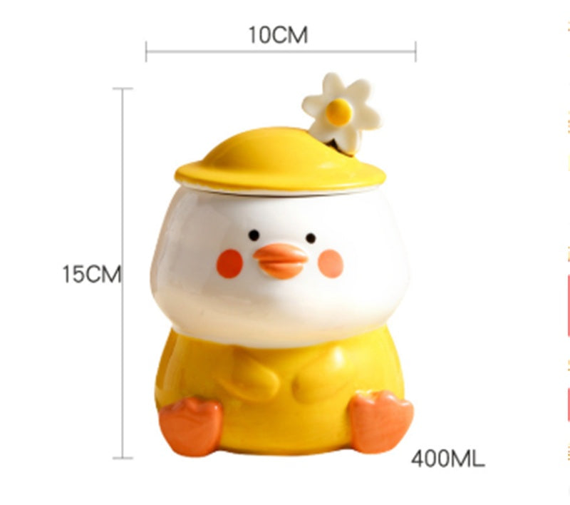 Hand Drawn Cartoon Duck Ceramic Cup With Lid Spoon Cute Design Sense Cup