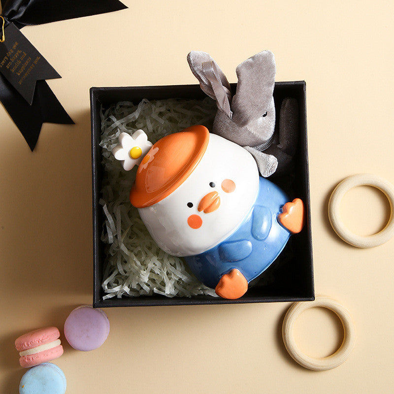 Hand Drawn Cartoon Duck Ceramic Cup With Lid Spoon Cute Design Sense Cup