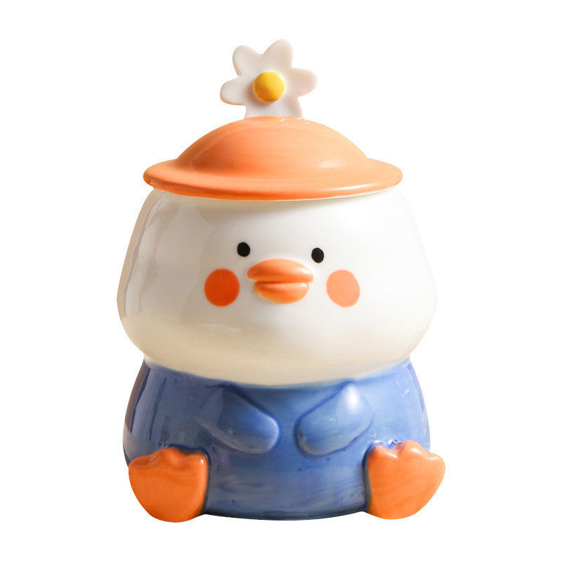 Hand Drawn Cartoon Duck Ceramic Cup With Lid Spoon Cute Design Sense Cup