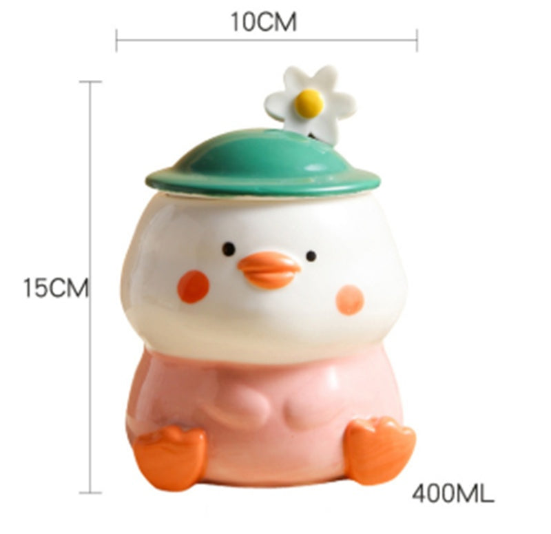 Hand Drawn Cartoon Duck Ceramic Cup With Lid Spoon Cute Design Sense Cup